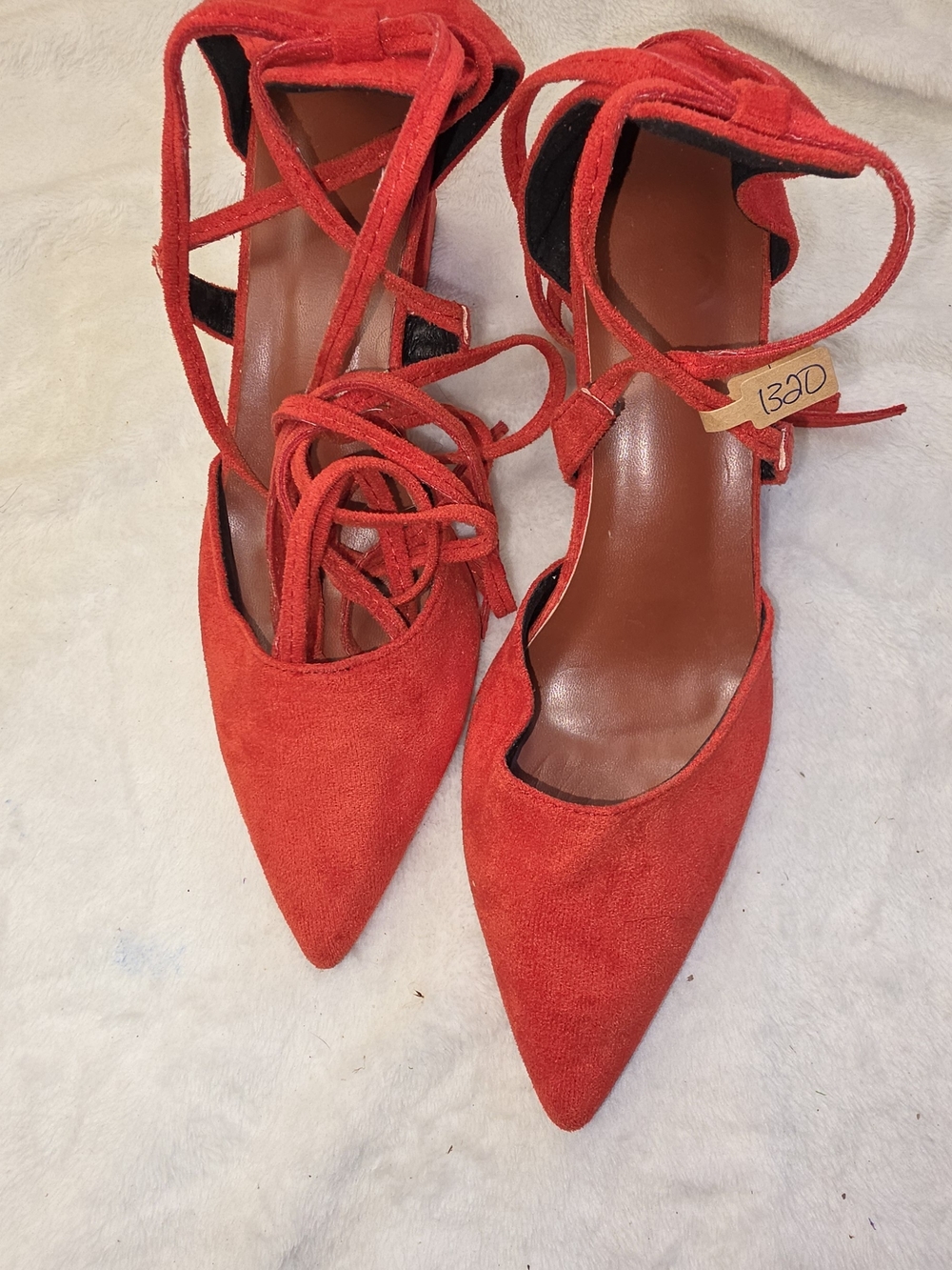Red Suede Pointed Toe Lace-Up Women's Heels